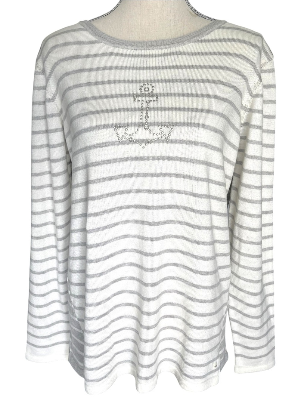 Olsen Europe White/Grey Striped Metal Anchor Cotton Blend Sweater (M)